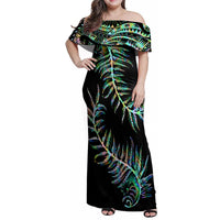 New Zealand Family Matching Off Shoulder Maxi Dress and Hawaiian Shirt Aotearoa Silver Fern Mixed Papua Shell Green Vibe LT9 Mom's Dress Green - Polynesian Pride