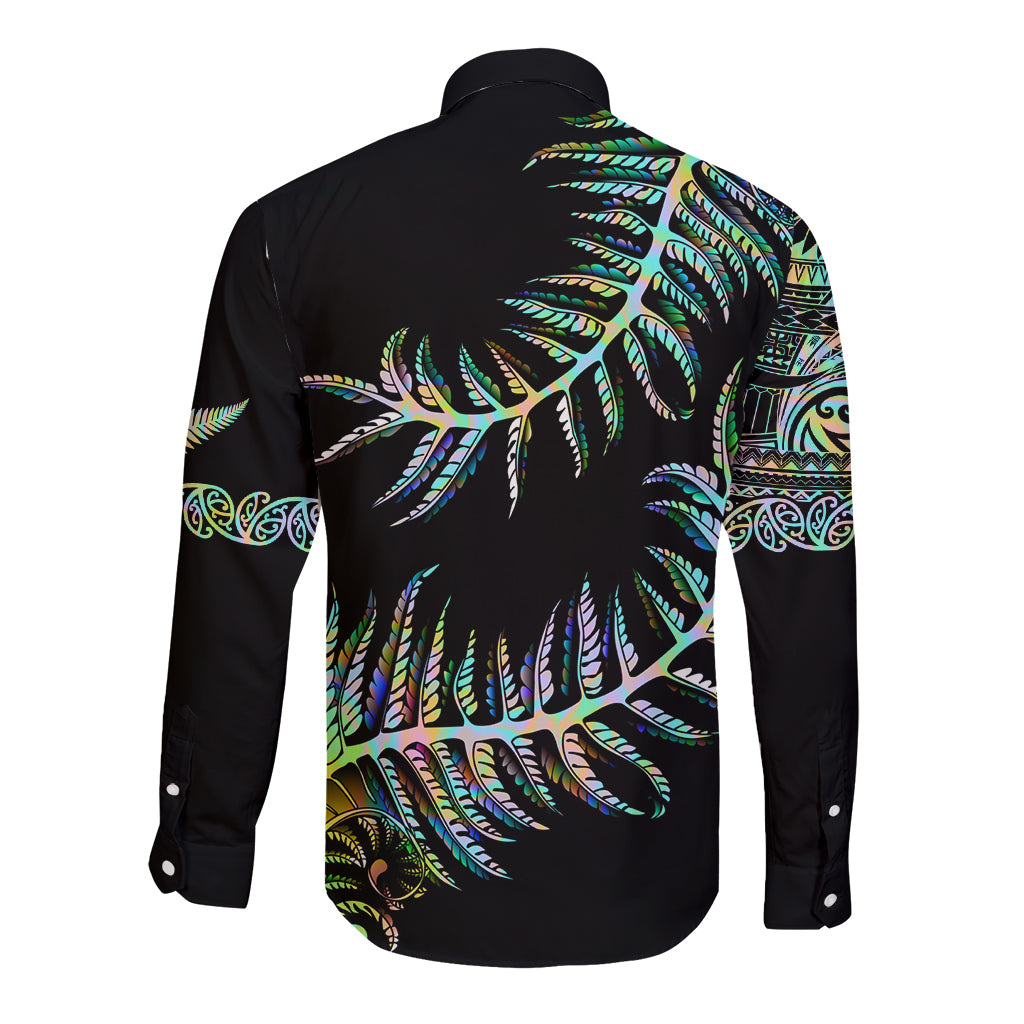 New Zealand Long Sleeve Button Shirt Aotearoa Silver Fern Mixed Papua Shell Green Vibe LT9 - Polynesian Pride