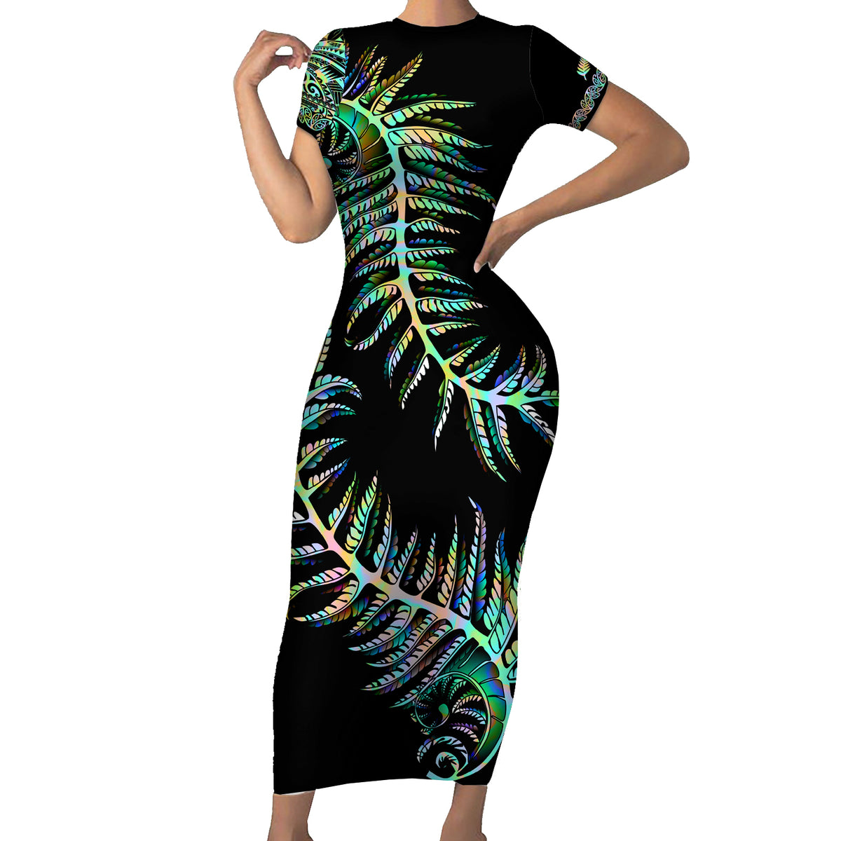 New Zealand Short Sleeve Bodycon Dress Aotearoa Silver Fern Mixed Papua Shell Green Vibe LT9 Long Dress Green - Polynesian Pride