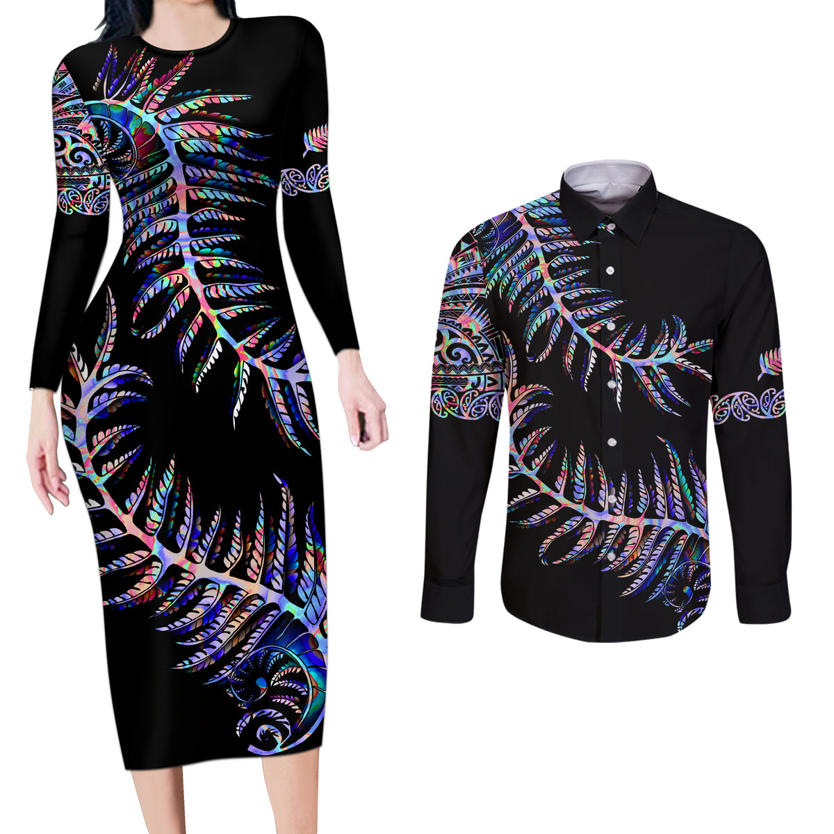 New Zealand Couples Matching Long Sleeve Bodycon Dress and Long Sleeve Button Shirt Aotearoa Silver Fern Mixed Papua Shell Purple Vibe LT9 Purple - Polynesian Pride