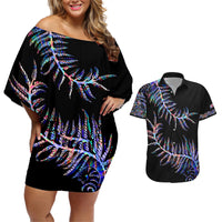 New Zealand Couples Matching Off Shoulder Short Dress and Hawaiian Shirt Aotearoa Silver Fern Mixed Papua Shell Purple Vibe LT9 Purple - Polynesian Pride