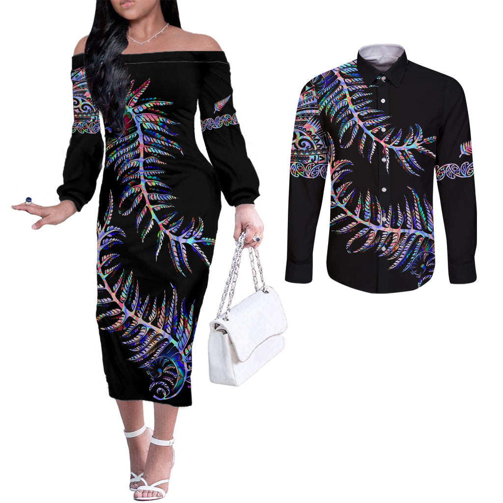 New Zealand Couples Matching Off The Shoulder Long Sleeve Dress and Long Sleeve Button Shirt Aotearoa Silver Fern Mixed Papua Shell Purple Vibe LT9 Purple - Polynesian Pride