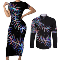 New Zealand Couples Matching Short Sleeve Bodycon Dress and Long Sleeve Button Shirt Aotearoa Silver Fern Mixed Papua Shell Purple Vibe LT9 Purple - Polynesian Pride