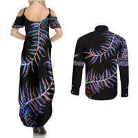 New Zealand Couples Matching Summer Maxi Dress and Long Sleeve Button Shirt Aotearoa Silver Fern Mixed Papua Shell Purple Vibe LT9 - Polynesian Pride