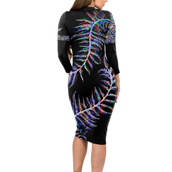 New Zealand Long Sleeve Bodycon Dress Aotearoa Hei-Tiki Maori Fern Tattoo Arty LT9 main image 0