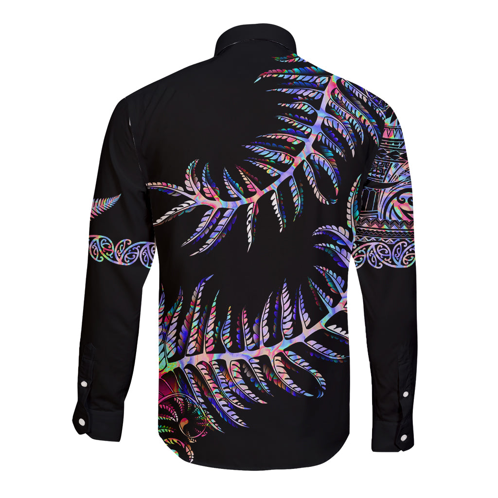 New Zealand Long Sleeve Button Shirt Aotearoa Silver Fern Mixed Papua Shell Purple Vibe LT9 - Polynesian Pride