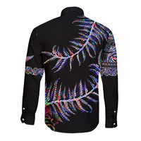 New Zealand Long Sleeve Button Shirt Aotearoa Silver Fern Mixed Papua Shell Purple Vibe LT9 - Polynesian Pride