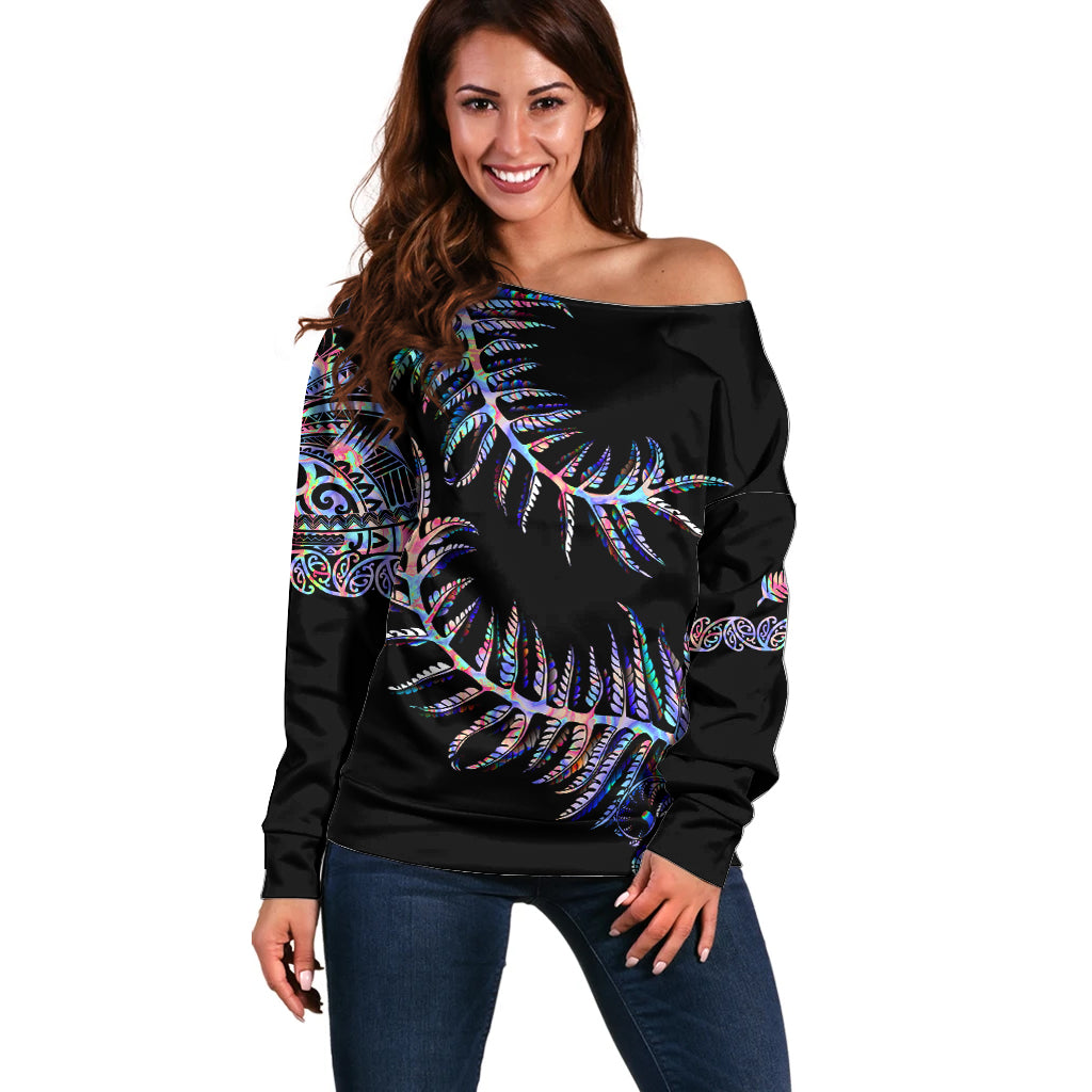 New Zealand Off Shoulder Sweater Aotearoa Silver Fern Mixed Papua Shell Purple Vibe LT9 Women Purple - Polynesian Pride