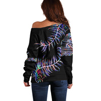 New Zealand Off Shoulder Sweater Aotearoa Silver Fern Mixed Papua Shell Purple Vibe LT9 - Polynesian Pride