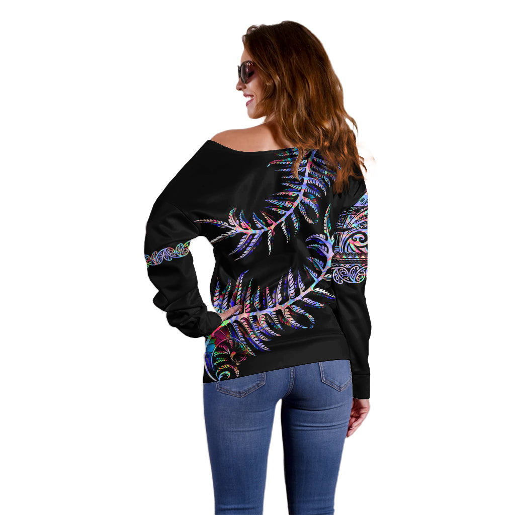 New Zealand Off Shoulder Sweater Aotearoa Silver Fern Mixed Papua Shell Purple Vibe LT9 - Polynesian Pride