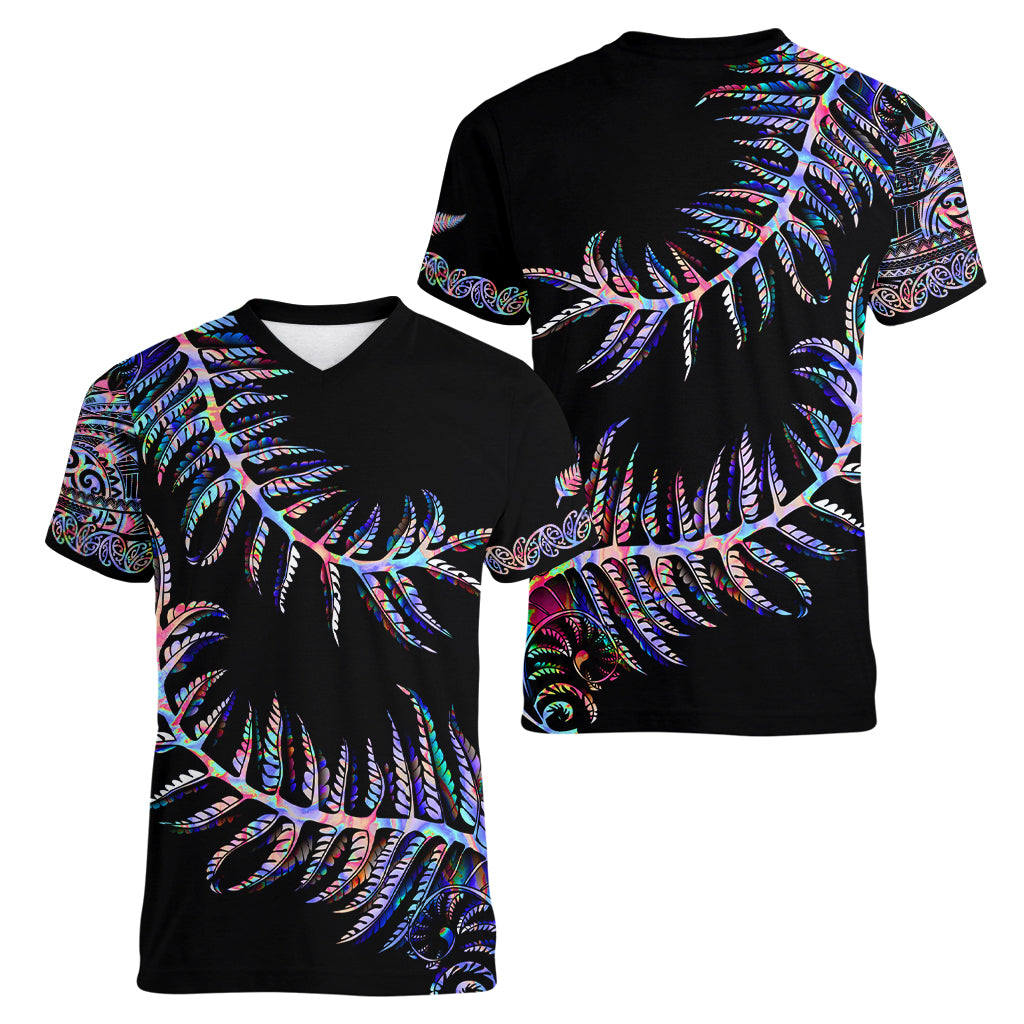 New Zealand Women V Neck T Shirt Aotearoa Silver Fern Mixed Papua Shell Purple Vibe LT9 - Polynesian Pride