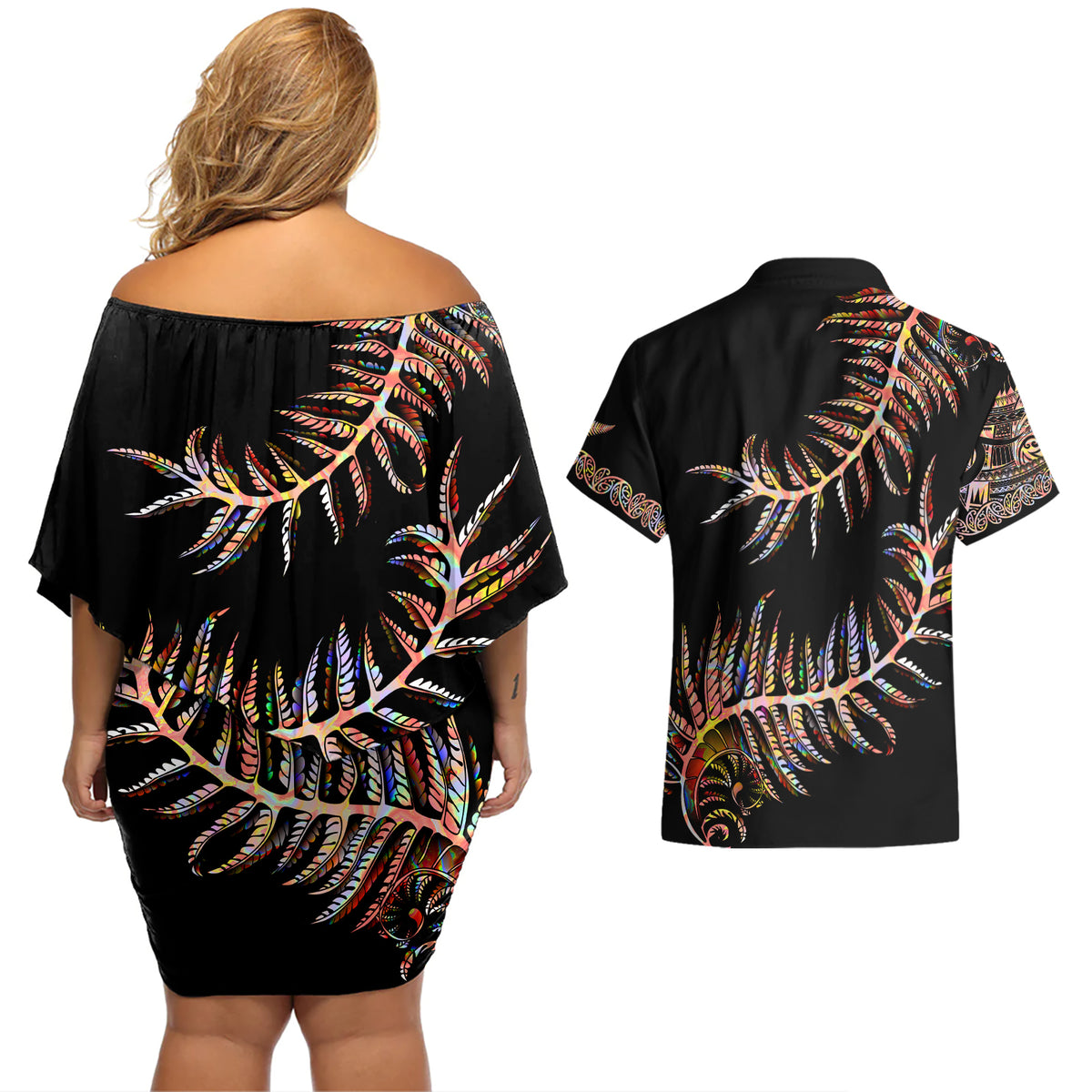 New Zealand Couples Matching Off Shoulder Short Dress and Hawaiian Shirt Aotearoa Silver Fern Mixed Papua Shell Red Vibe LT9 - Polynesian Pride