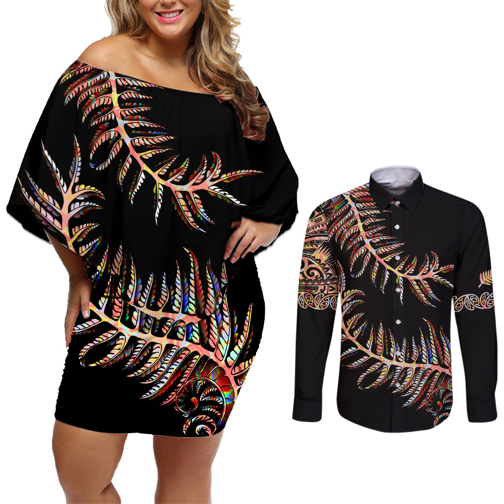 New Zealand Couples Matching Off Shoulder Short Dress and Long Sleeve Button Shirt Aotearoa Silver Fern Mixed Papua Shell Red Vibe LT9 Red - Polynesian Pride