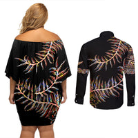 New Zealand Couples Matching Off Shoulder Short Dress and Long Sleeve Button Shirt Aotearoa Silver Fern Mixed Papua Shell Red Vibe LT9 - Polynesian Pride