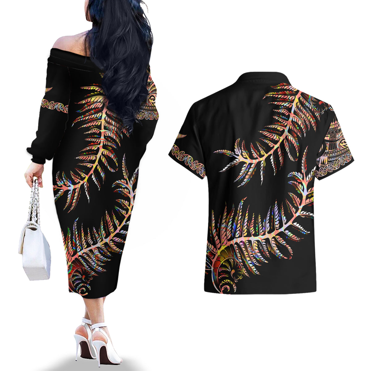 New Zealand Couples Matching Off The Shoulder Long Sleeve Dress and Hawaiian Shirt Aotearoa Silver Fern Mixed Papua Shell Red Vibe LT9 - Polynesian Pride