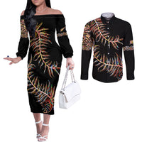 New Zealand Couples Matching Off The Shoulder Long Sleeve Dress and Long Sleeve Button Shirt Aotearoa Silver Fern Mixed Papua Shell Red Vibe LT9 Red - Polynesian Pride