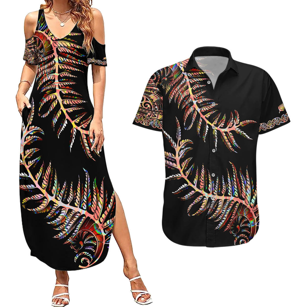 New Zealand Couples Matching Summer Maxi Dress and Hawaiian Shirt Aotearoa Silver Fern Mixed Papua Shell Red Vibe LT9 Red - Polynesian Pride