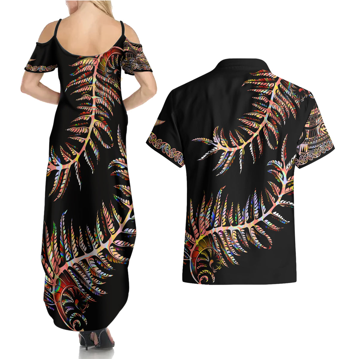 New Zealand Couples Matching Summer Maxi Dress and Hawaiian Shirt Aotearoa Silver Fern Mixed Papua Shell Red Vibe LT9 - Polynesian Pride