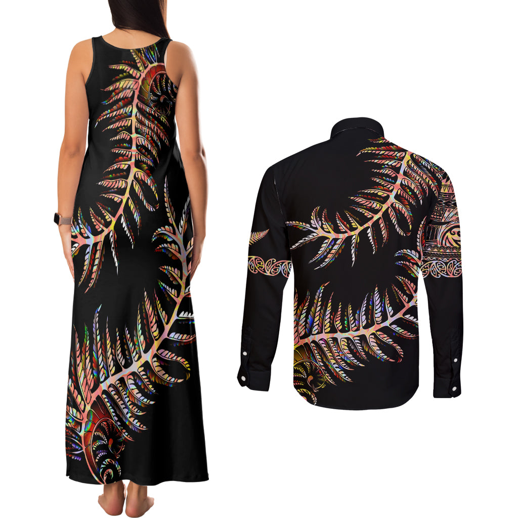 New Zealand Couples Matching Tank Maxi Dress and Long Sleeve Button Shirt Aotearoa Silver Fern Mixed Papua Shell Red Vibe LT9 - Polynesian Pride