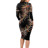 New Zealand Long Sleeve Bodycon Dress Aotearoa Silver Fern Mixed Papua Shell Red Vibe LT9 - Polynesian Pride
