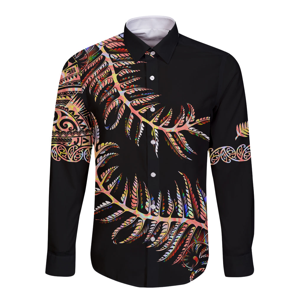 New Zealand Long Sleeve Button Shirt Aotearoa Silver Fern Mixed Papua Shell Red Vibe LT9 Unisex Red - Polynesian Pride