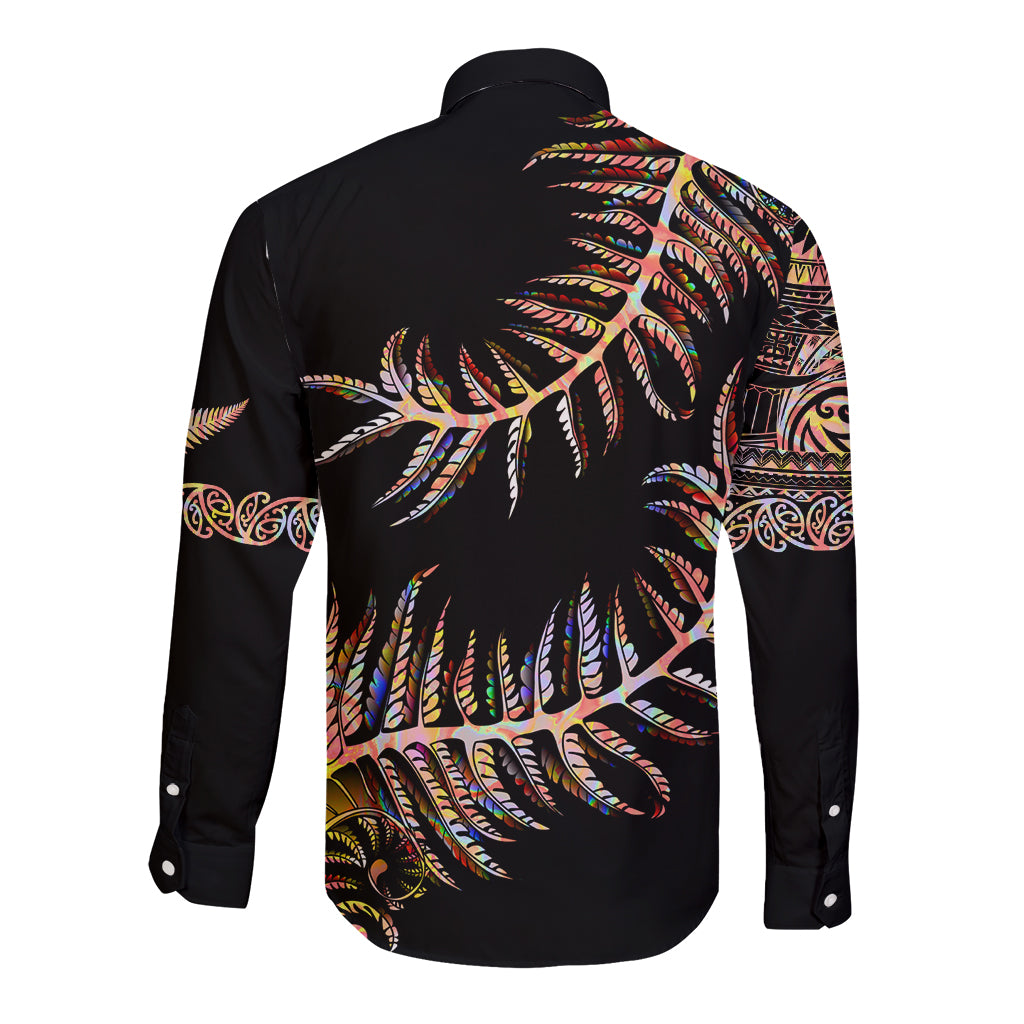 New Zealand Long Sleeve Button Shirt Aotearoa Silver Fern Mixed Papua Shell Red Vibe LT9 - Polynesian Pride