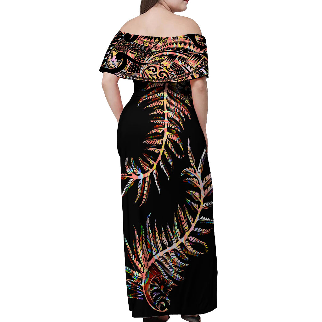 New Zealand Off Shoulder Maxi Dress Aotearoa Silver Fern Mixed Papua Shell Red Vibe LT9 - Polynesian Pride