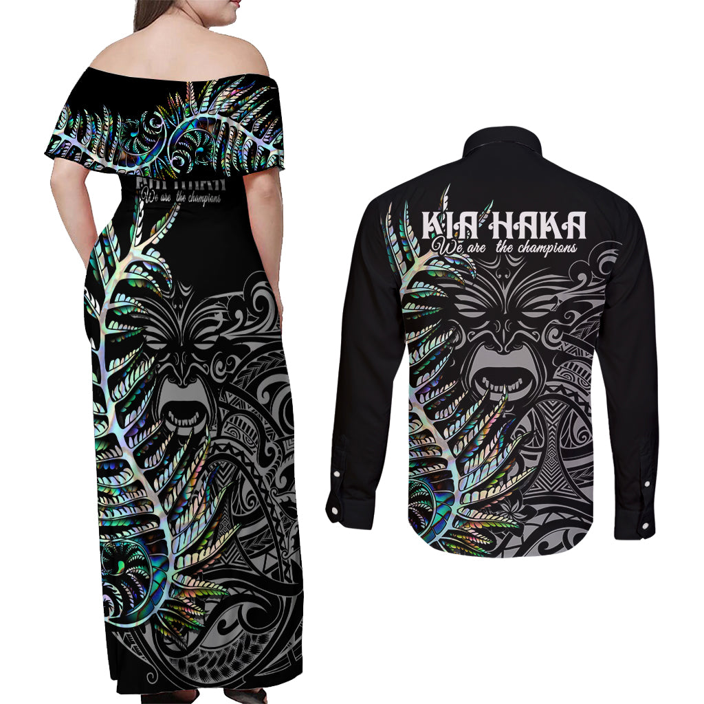 New Zealand Rugby Couples Matching Off Shoulder Maxi Dress and Long Sleeve Button Shirt NZ Black Fern Champions History With Papua Shell LT9 - Polynesian Pride
