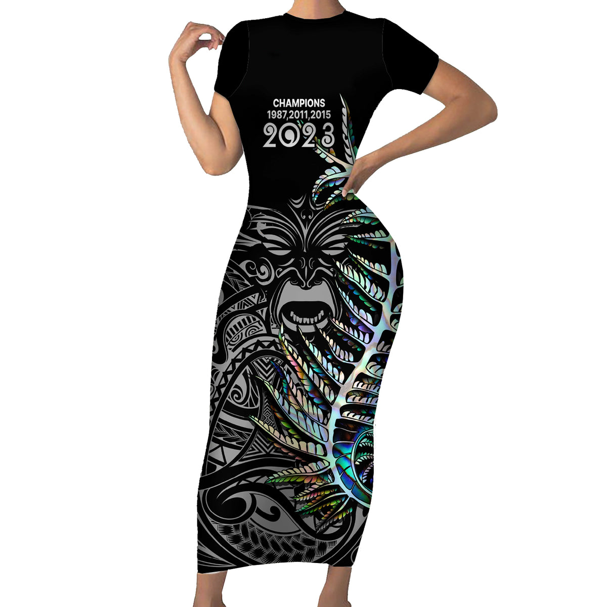 New Zealand Rugby Family Matching Short Sleeve Bodycon Dress and Hawaiian Shirt NZ Black Fern Champions History With Papua Shell LT9 Mom's Dress Black - Polynesian Pride