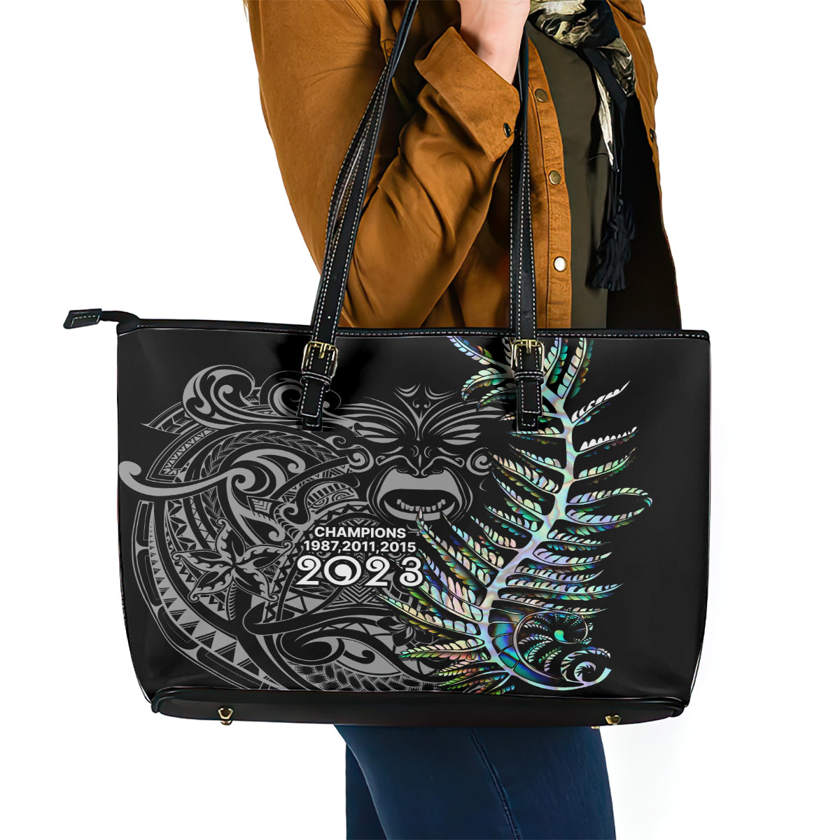 New Zealand Rugby Leather Tote Bag NZ Black Fern Champions History With Papua Shell LT9 - Polynesian Pride
