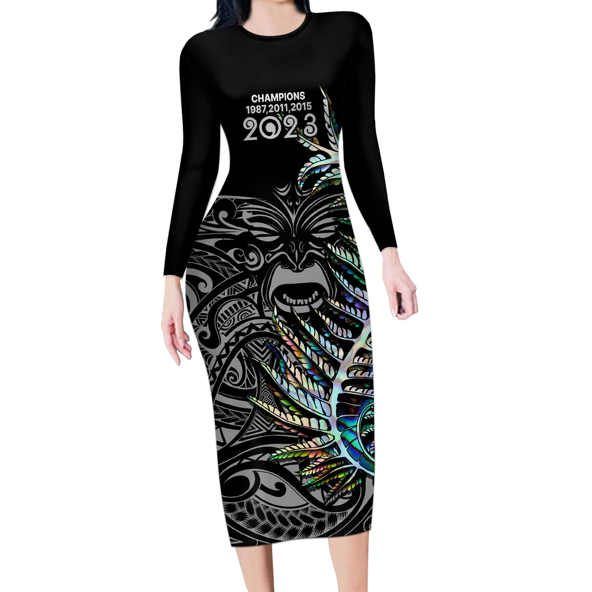 New Zealand Rugby Long Sleeve Bodycon Dress NZ Black Fern Champions Hi - Polynesian Pride New Zealand Rugby Long Sleeve Bodycon Dress NZ Black Fern Champions Hi - Polynesian Pride