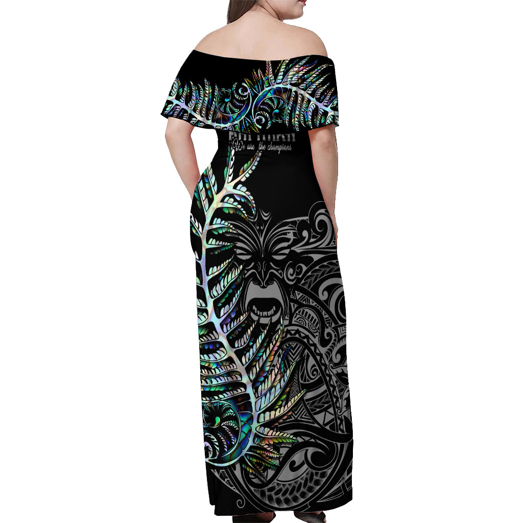New Zealand Rugby Off Shoulder Maxi Dress NZ Black Fern Champions History With Papua Shell LT9 - Polynesian Pride