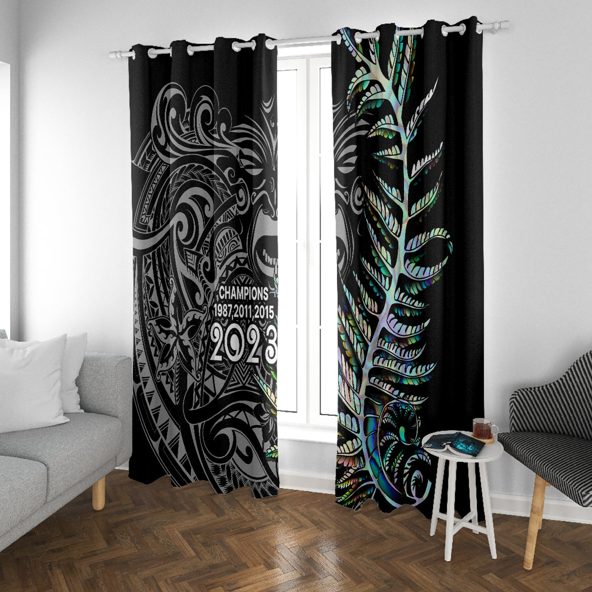 New Zealand Rugby Window Curtain NZ Black Fern Champions History With Papua Shell LT9 With Grommets Black - Polynesian Pride