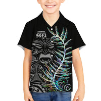 Custom New Zealand Rugby Family Matching Off Shoulder Long Sleeve Dress and Hawaiian Shirt NZ Black Fern Champions History With Papua Shell LT9 Son's Shirt Black - Polynesian Pride