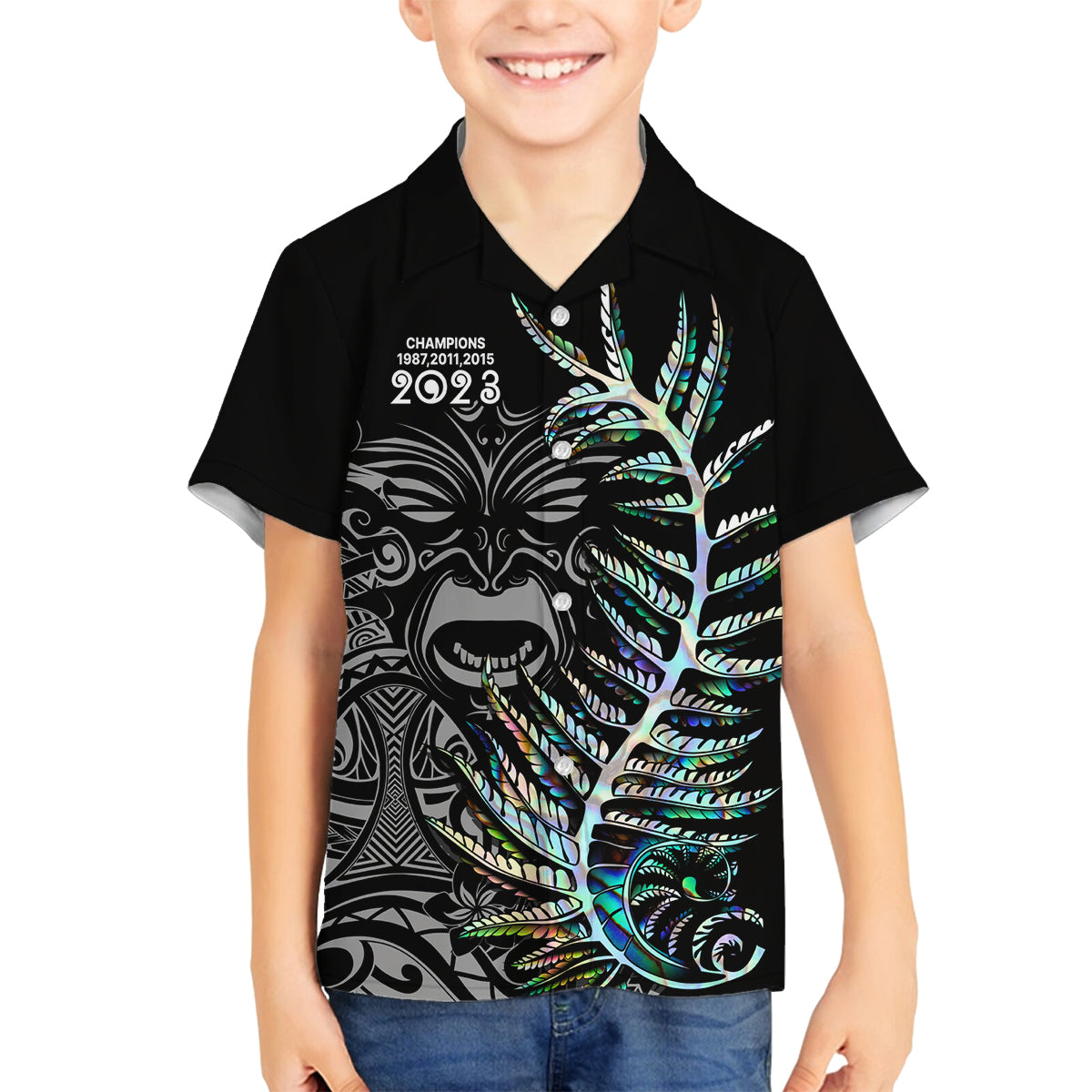 Custom New Zealand Rugby Family Matching Off Shoulder Maxi Dress and Hawaiian Shirt NZ Black Fern Champions History With Papua Shell LT9 Son's Shirt Black - Polynesian Pride