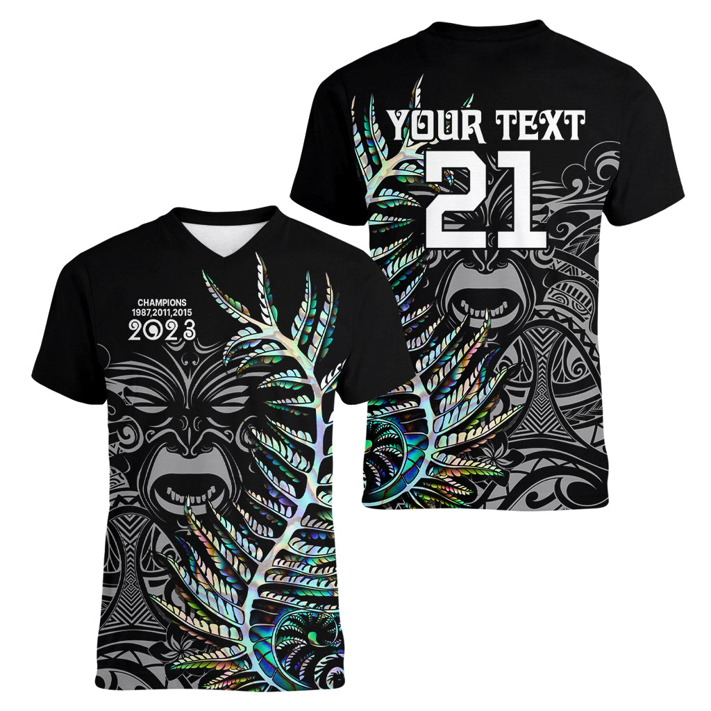 Custom New Zealand Rugby Women V Neck T Shirt NZ Black Fern Champions History With Papua Shell LT9 - Polynesian Pride