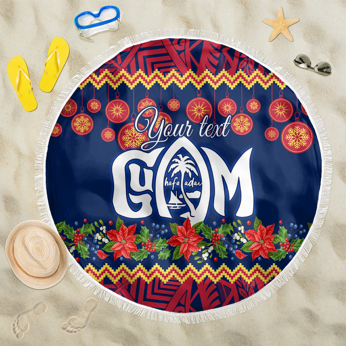 Personalised Guam Christmas Beach Blanket Felis Pusgua Santa Beach Polynesian Pattern LT9 One Size 150cm Blue - Polynesian Pride