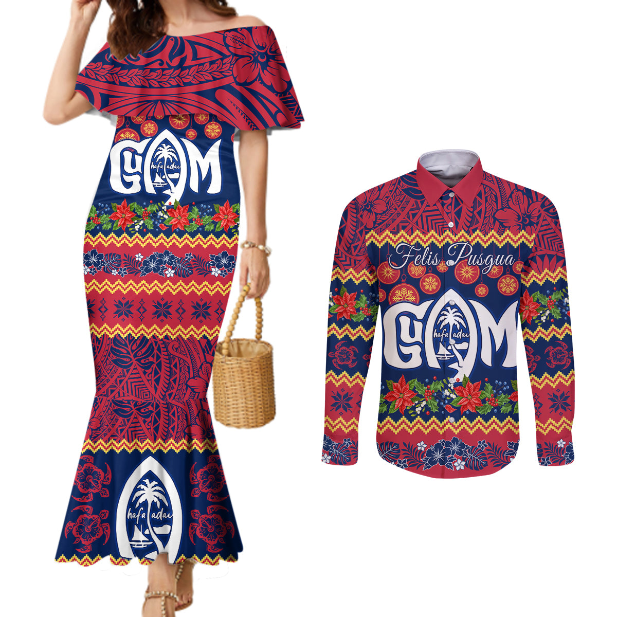 Personalised Guam Christmas Couples Matching Mermaid Dress and Long Sleeve Button Shirt Felis Pusgua Santa Beach Polynesian Pattern LT9 Blue - Polynesian Pride