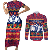 Personalised Guam Christmas Couples Matching Short Sleeve Bodycon Dress and Long Sleeve Button Shirt Felis Pusgua Santa Beach Polynesian Pattern LT9 Blue - Polynesian Pride