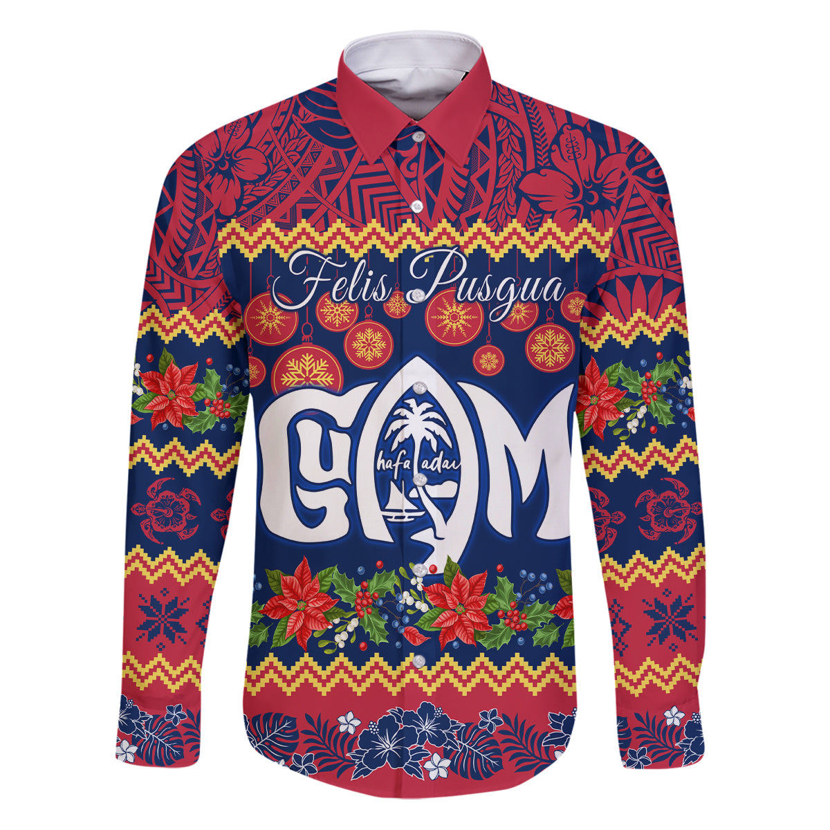 Personalised Guam Christmas Family Matching Puletasi Dress and Hawaiian Shirt Felis Pusgua Santa Beach Polynesian Pattern LT9 Dad's Shirt - Long Sleeve Blue - Polynesian Pride