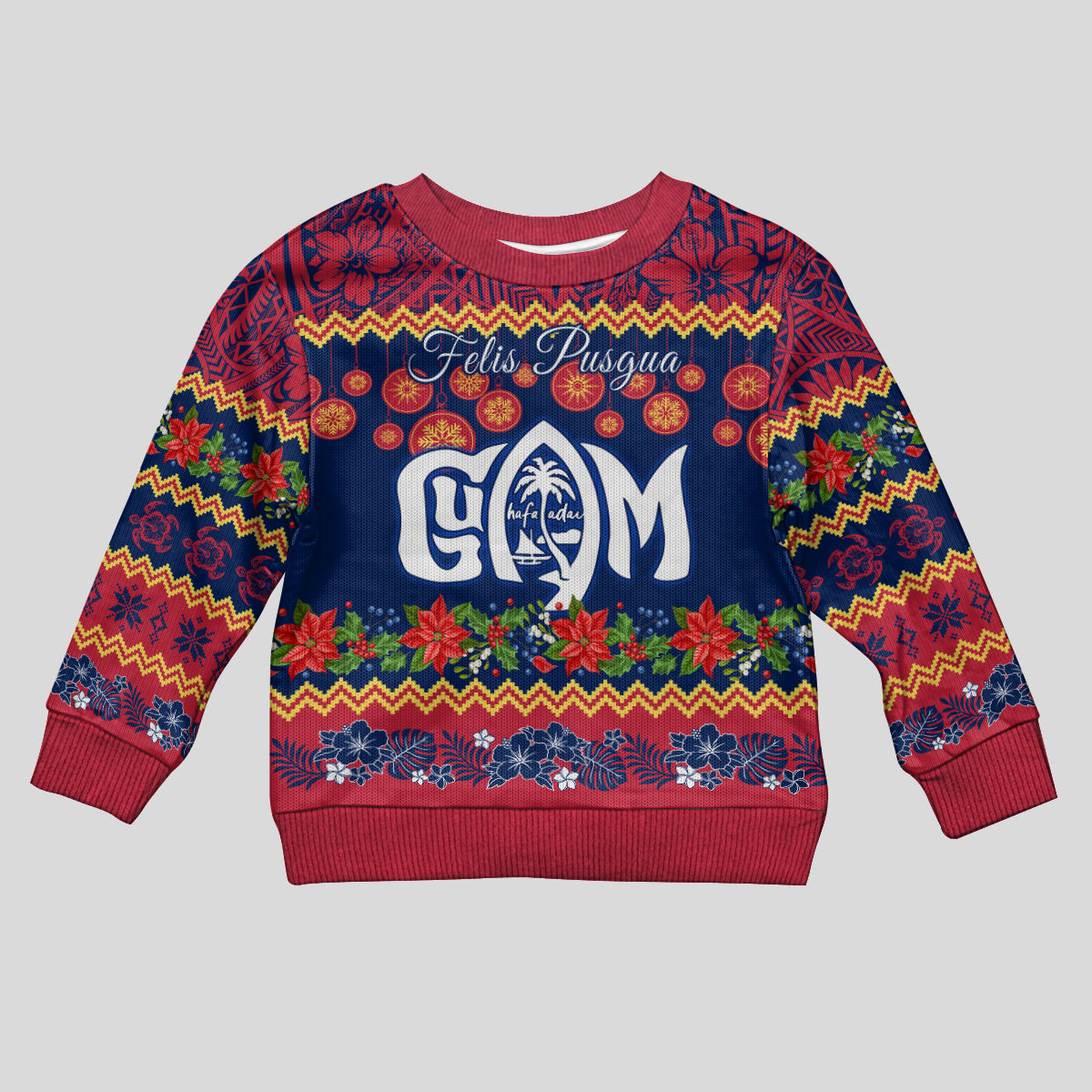 Personalised Guam Christmas Kid Ugly Christmas Sweater Felis Pusgua Santa Beach Polynesian Pattern LT9 Kid Blue - Polynesian Pride