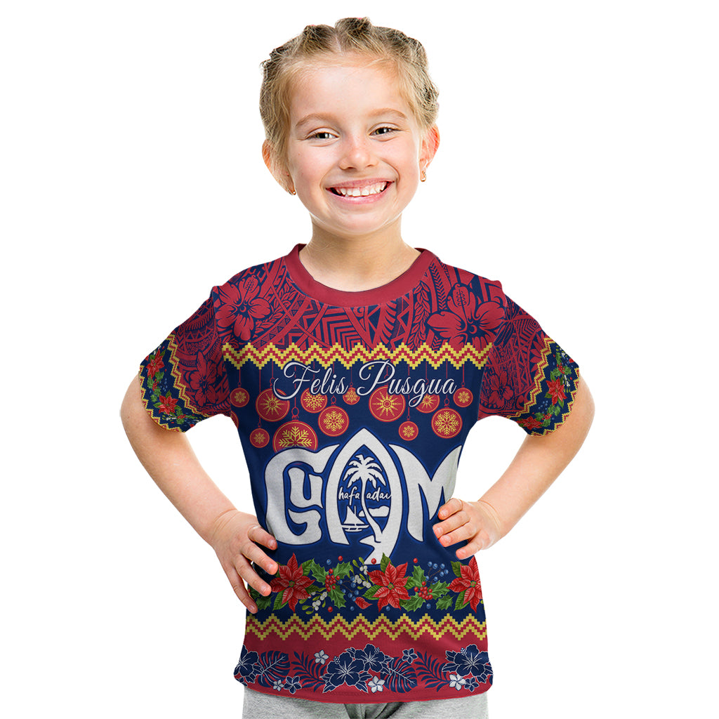 Personalised Guam Christmas Kid T Shirt Felis Pusgua Santa Beach Polynesian Pattern LT9 Blue - Polynesian Pride