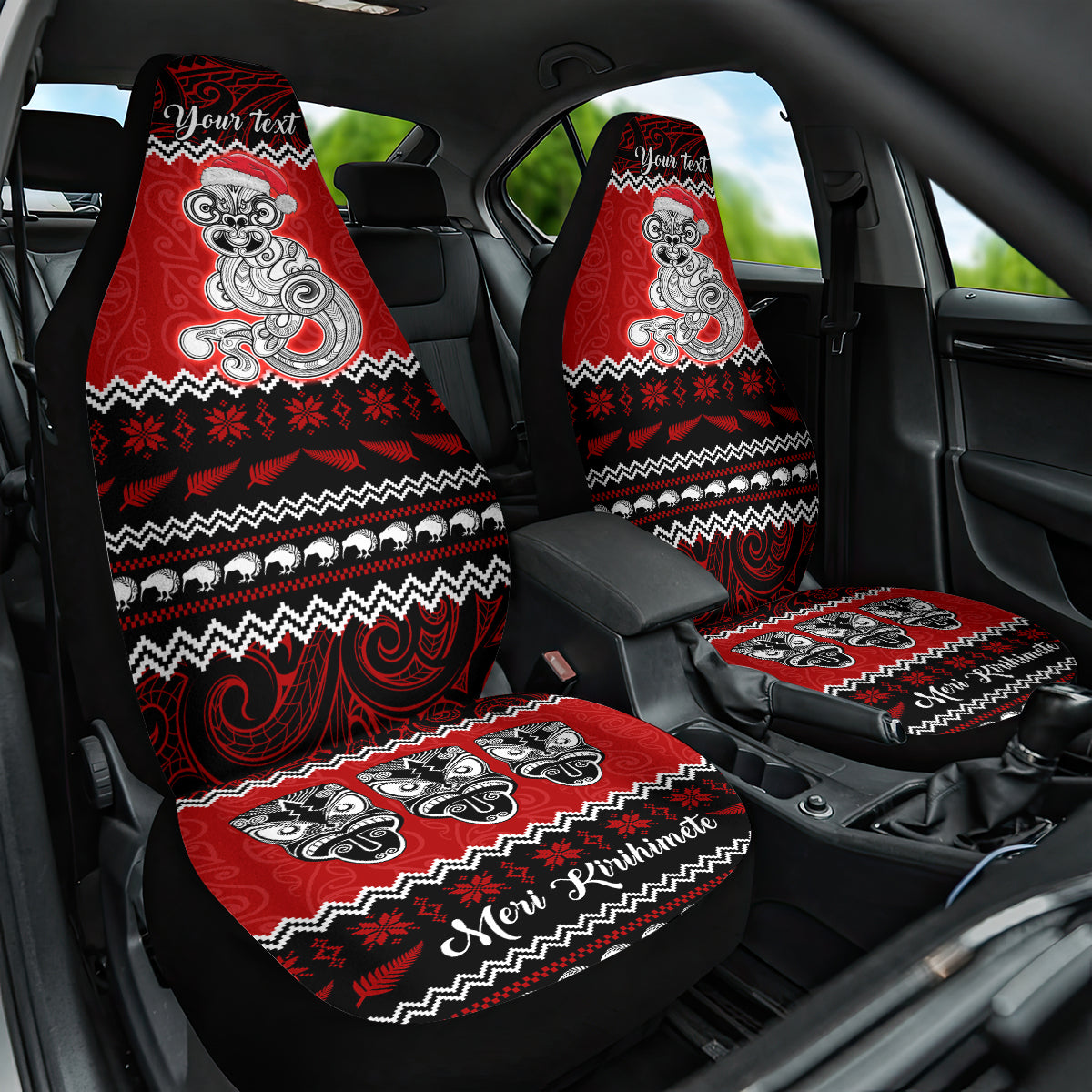 Personalised New Zealand Christmas Car Seat Cover Maori Tiki Meri Kirihimete LT9 One Size Red - Polynesian Pride