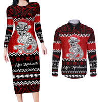 Personalised New Zealand Christmas Couples Matching Long Sleeve Bodycon Dress and Long Sleeve Button Shirt Maori Tiki Meri Kirihimete LT9 Red - Polynesian Pride