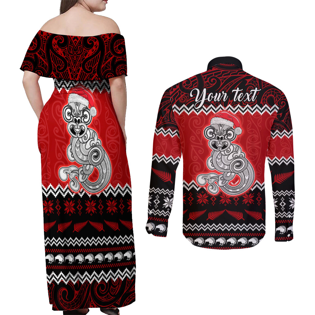 Personalised New Zealand Christmas Couples Matching Off Shoulder Maxi Dress and Long Sleeve Button Shirt Maori Tiki Meri Kirihimete LT9 - Polynesian Pride