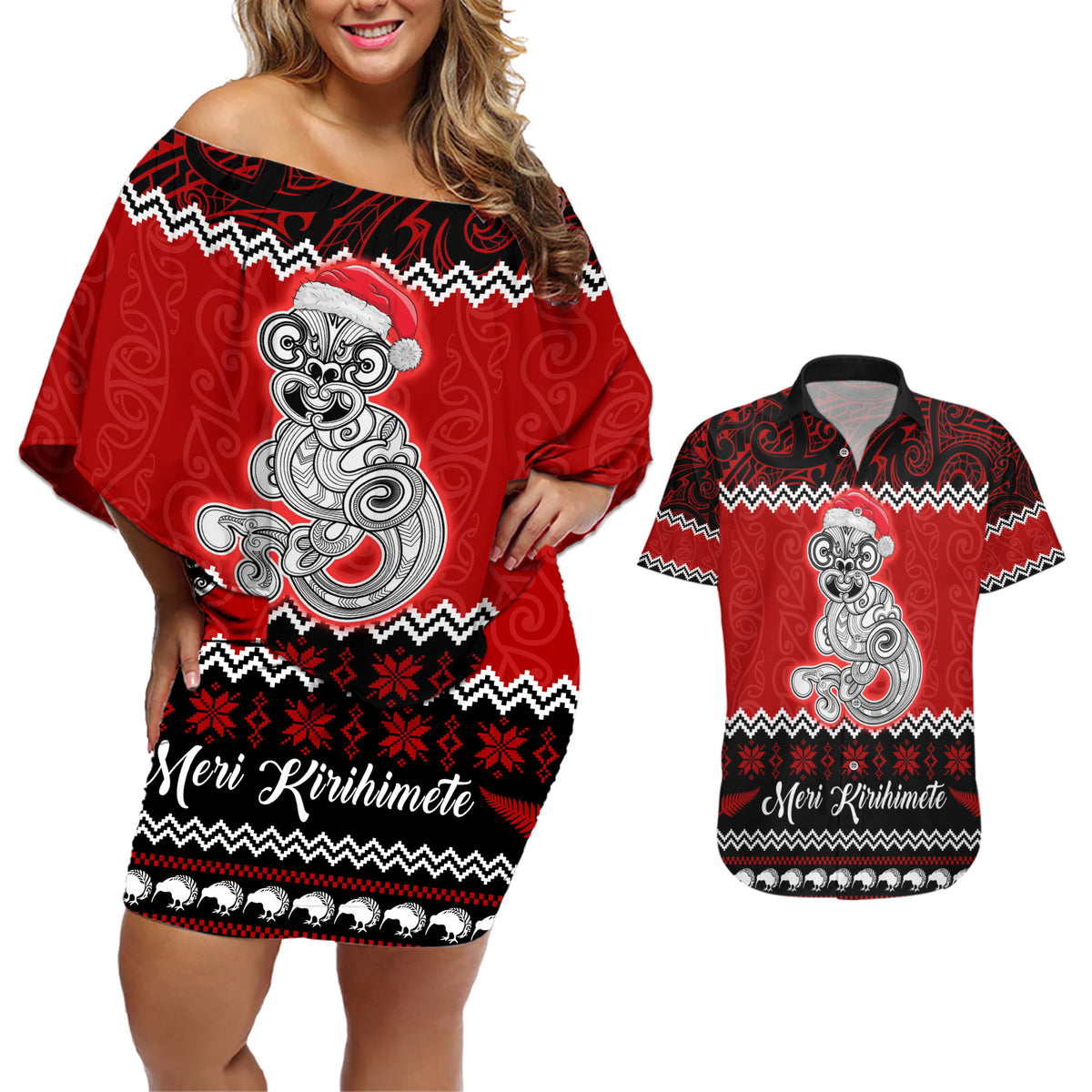 Personalised New Zealand Christmas Couples Matching Off Shoulder Short Dress and Hawaiian Shirt Maori Tiki Meri Kirihimete LT9 Red - Polynesian Pride