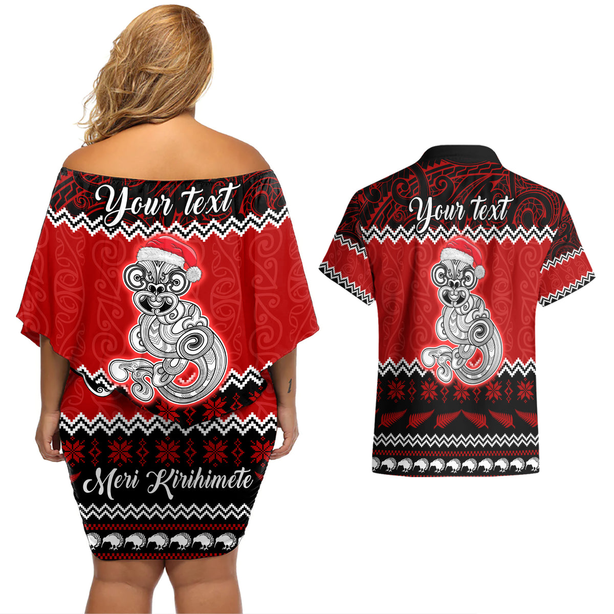Personalised New Zealand Christmas Couples Matching Off Shoulder Short Dress and Hawaiian Shirt Maori Tiki Meri Kirihimete LT9 - Polynesian Pride