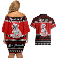 Personalised New Zealand Christmas Couples Matching Off Shoulder Short Dress and Hawaiian Shirt Maori Tiki Meri Kirihimete LT9 - Polynesian Pride
