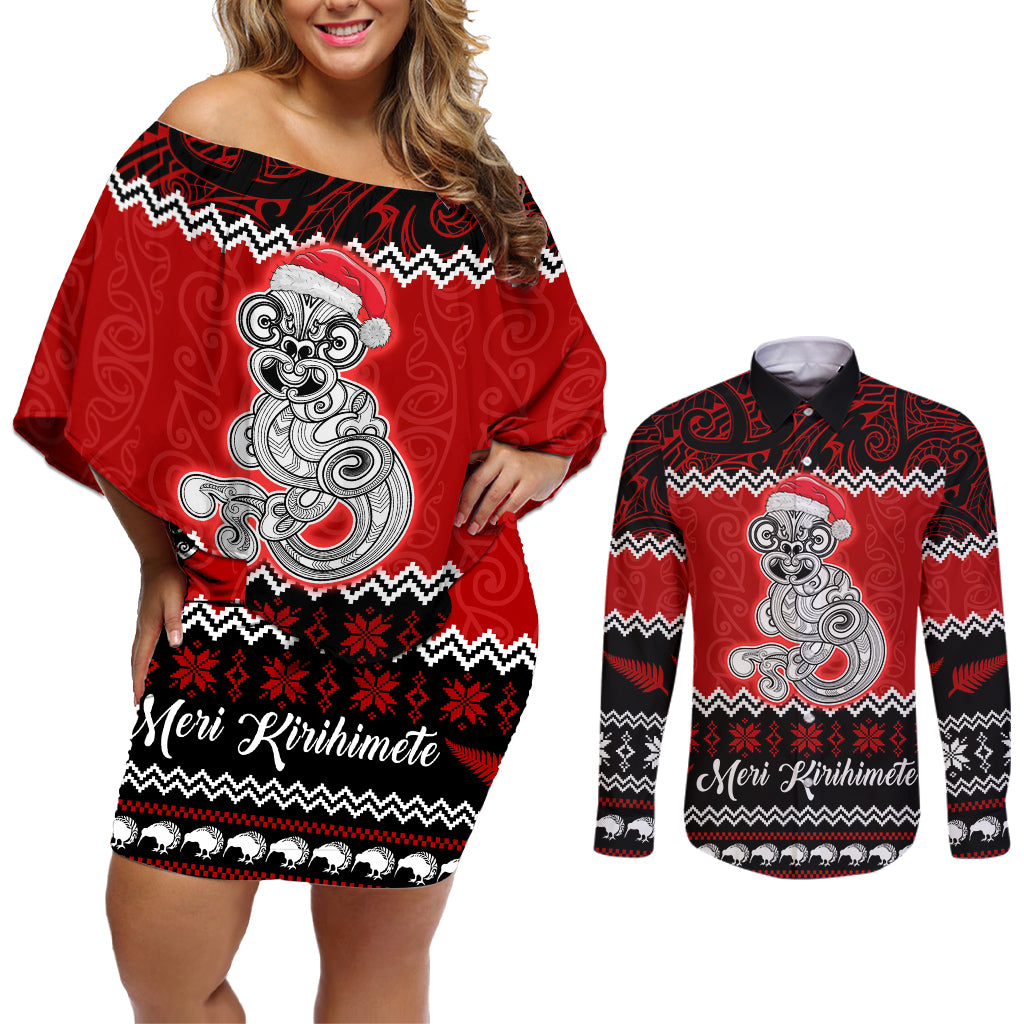 Personalised New Zealand Christmas Couples Matching Off Shoulder Short Dress and Long Sleeve Button Shirt Maori Tiki Meri Kirihimete LT9 Red - Polynesian Pride