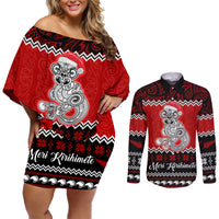 Personalised New Zealand Christmas Couples Matching Off Shoulder Short Dress and Long Sleeve Button Shirt Maori Tiki Meri Kirihimete LT9 Red - Polynesian Pride